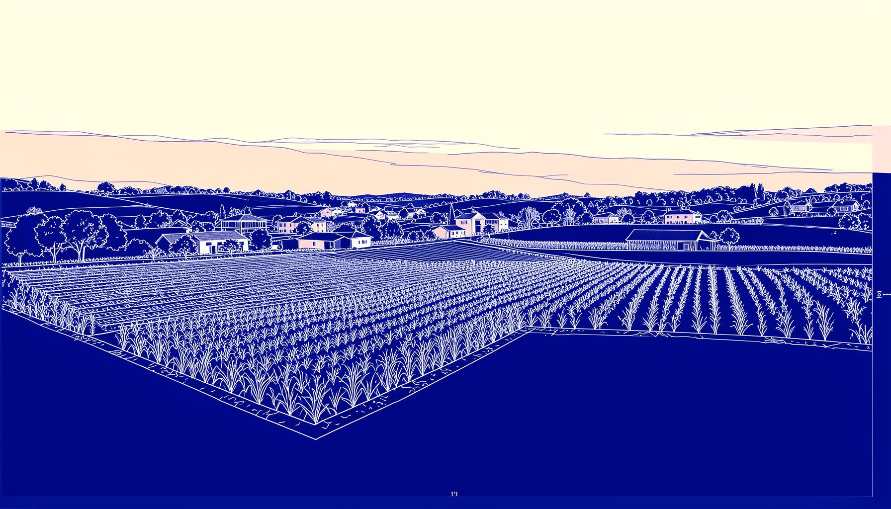 Paesaggio rurale con campi coltivati e piccoli borghi sotto una luce dorata del tardo pomeriggio, atmosfera serena e collaborativa