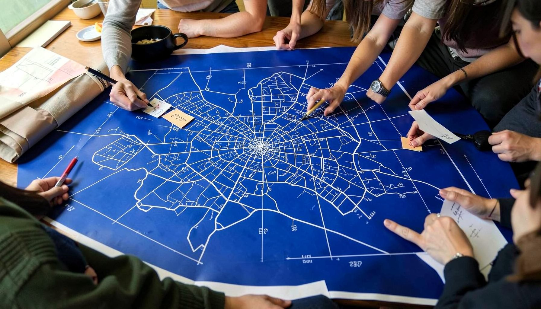 Grande mappa disegnata a mano su un tavolo con persone intorno che aggiungono note e segnaposti, ambiente luminoso e informale