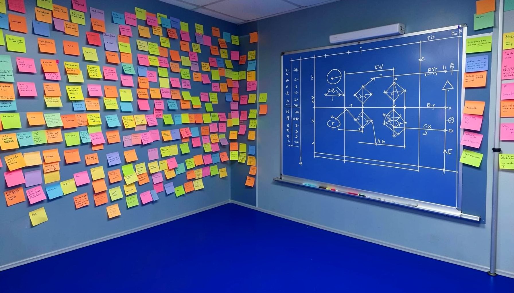 Sala workshop con pareti ricoperte di post-it colorati e una lavagna con diagrammi, atmosfera partecipativa e creativa