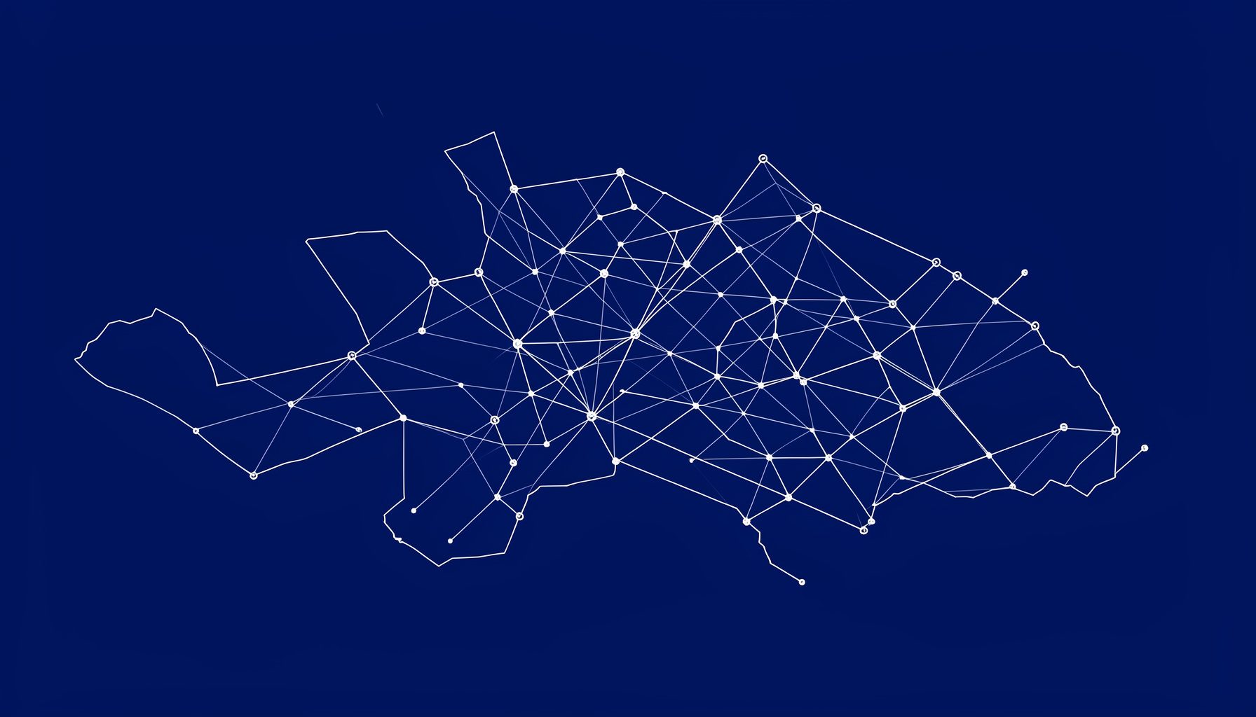 Disegno tecnico astratto di una rete di nodi interconnessi su sfondo blu scuro, con linee sottili che collegano punti luminosi distribuiti su un territorio stilizzato