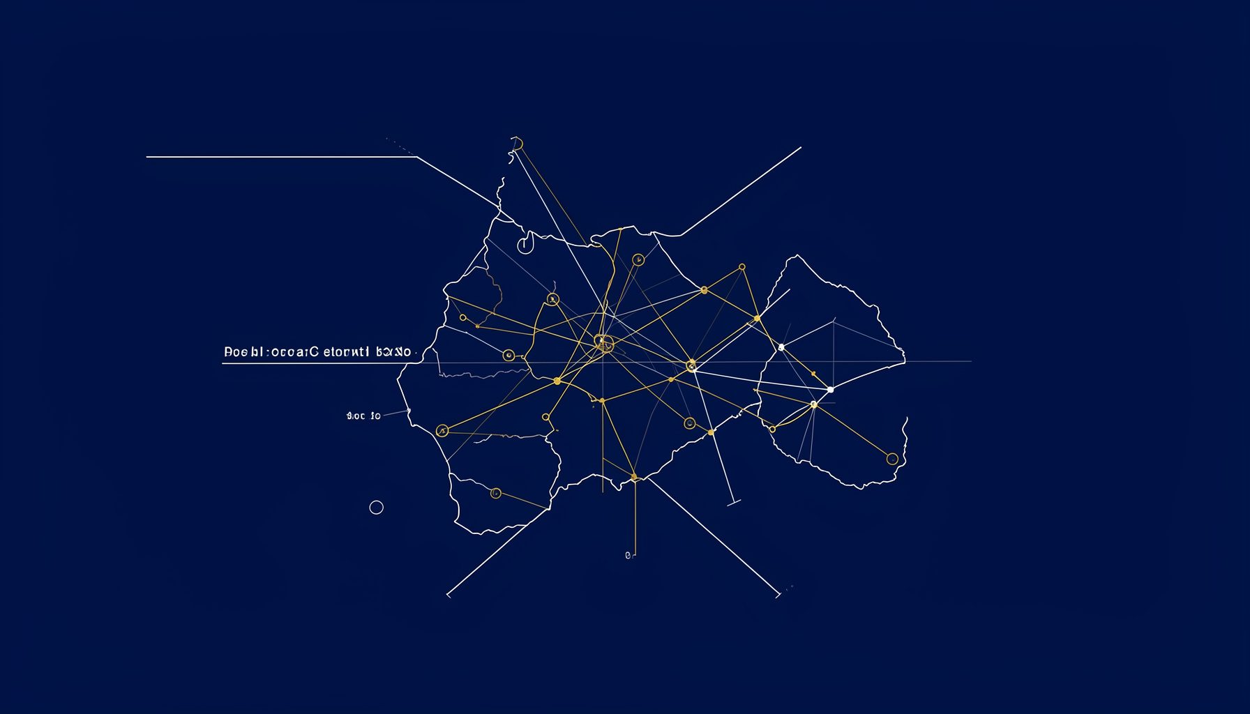Un disegno tecnico astratto di un territorio con linee di connessione e nodi collaborativi, toni blu scuro e oro su sfondo navy