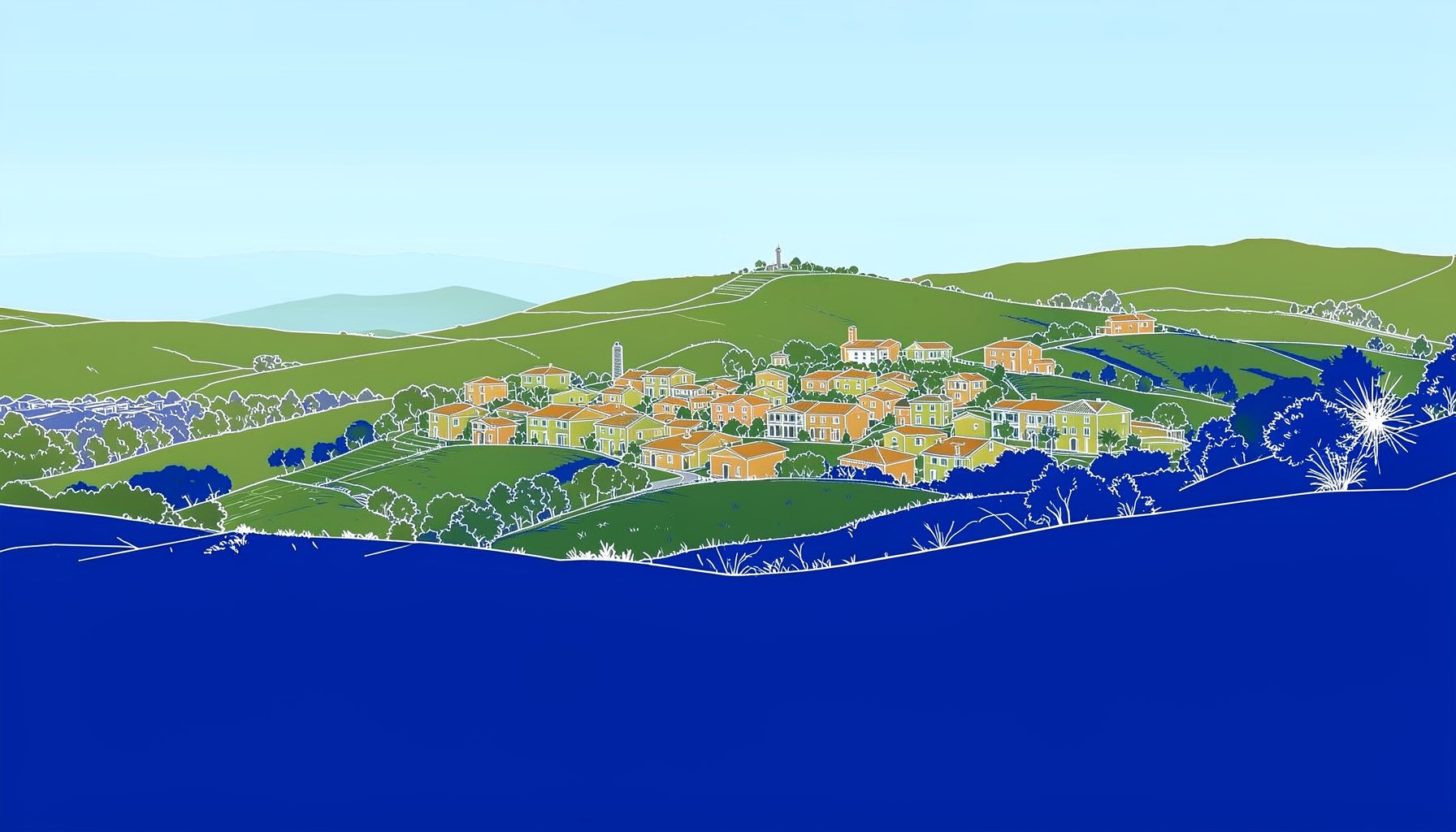 Paesaggio collinare italiano con borghi rurali immersi in toni verdi e ocra sotto un cielo azzurro tenue