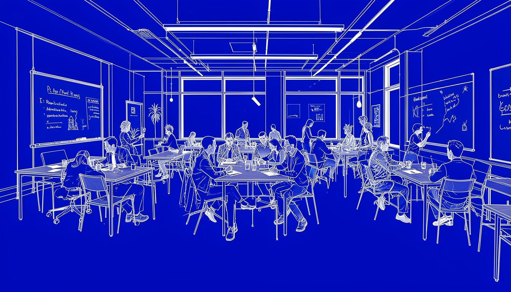 Interno di uno spazio di co-working luminoso con tavoli in legno, lavagne e persone che discutono attorno a un tavolo